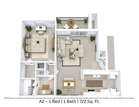 Floor plan for 1 bed, 1 bath, 722 sqft